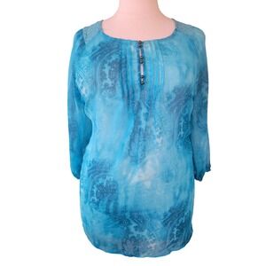 Avenue Turquoise Paisley Lace Trim Tunic Top Plus Size 30/32 Blue 3/4 Sleeve